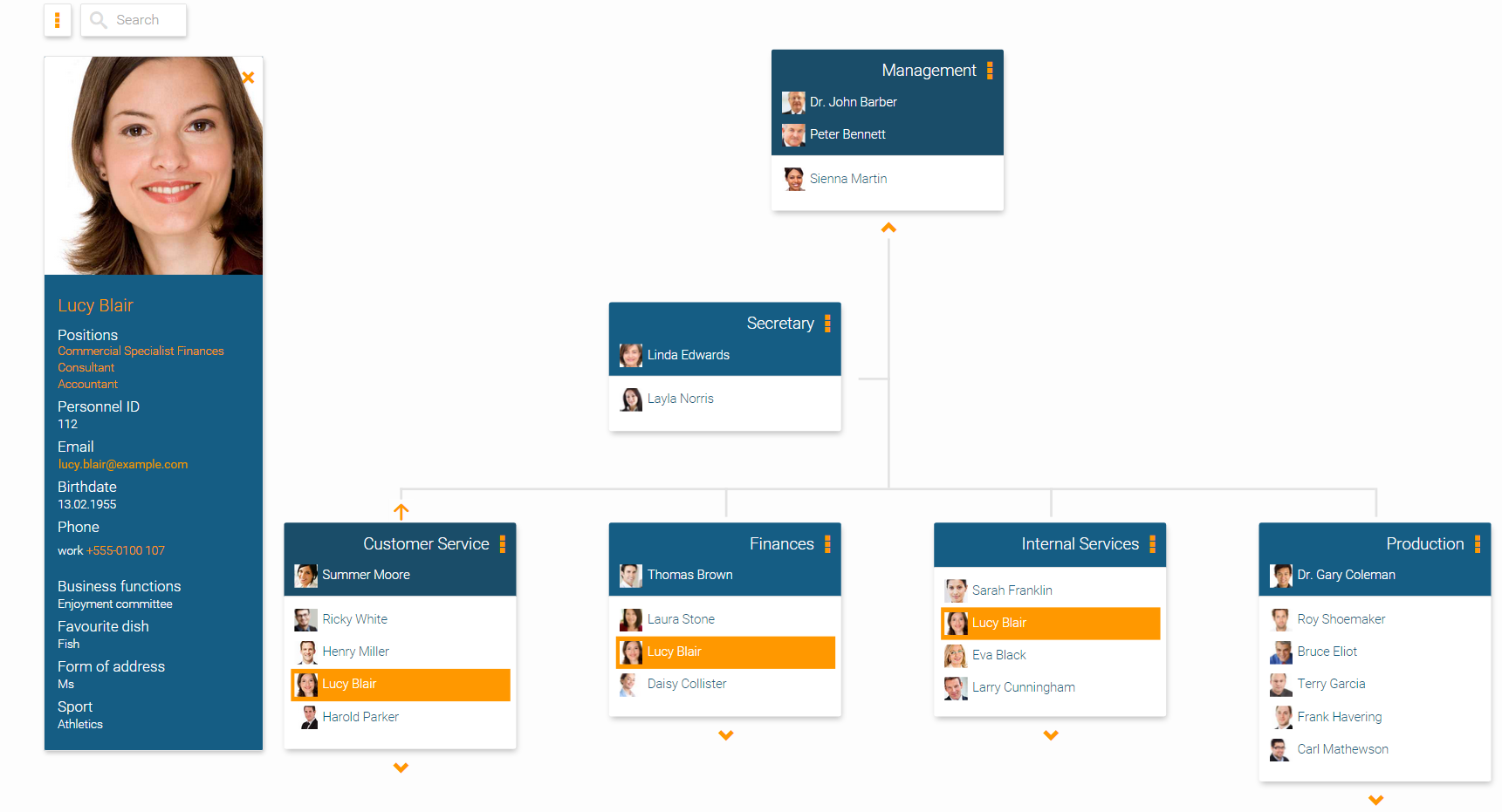 The org chart in orginio displays all positions an employee fills