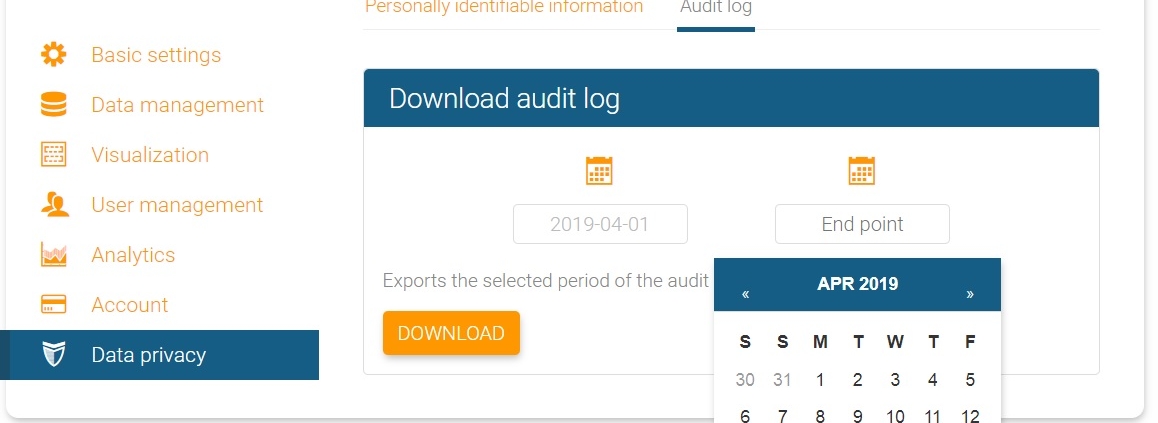 Choose start and end point for the audit trail in orginio