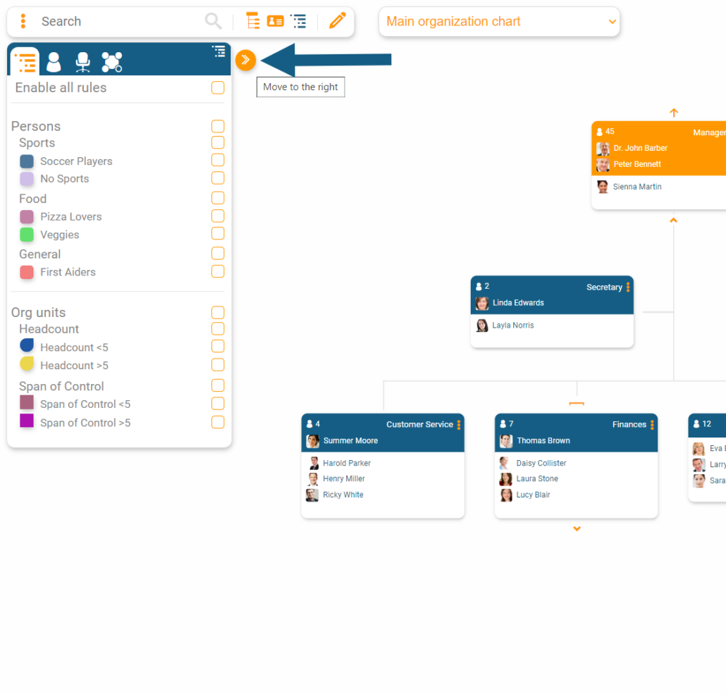 Interactive legend for display rules in orginio from Ingentis