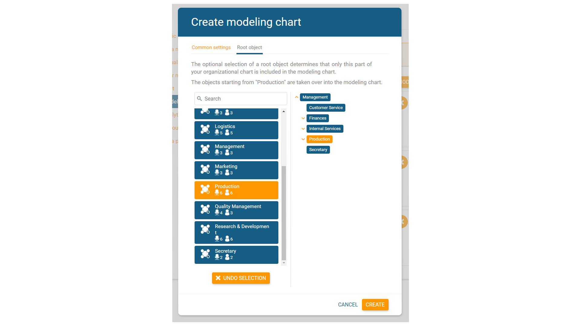Define a root object for your modeling chart in orginio