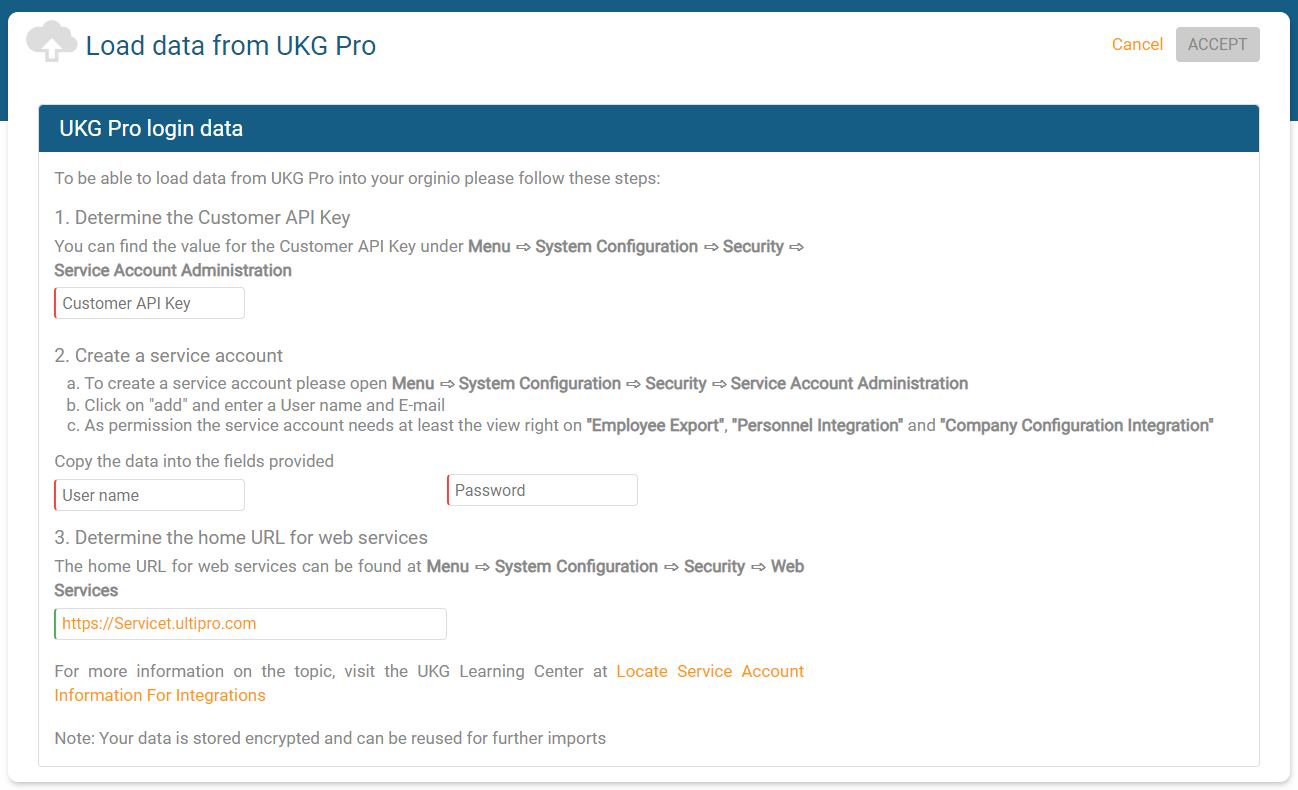 enter UKG Pro login data to connect to orginio