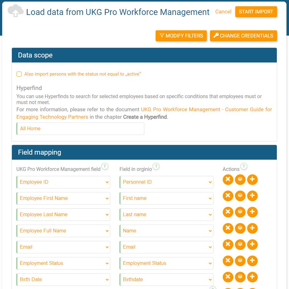 map fields from UKG Pro Workforce Management with orginio