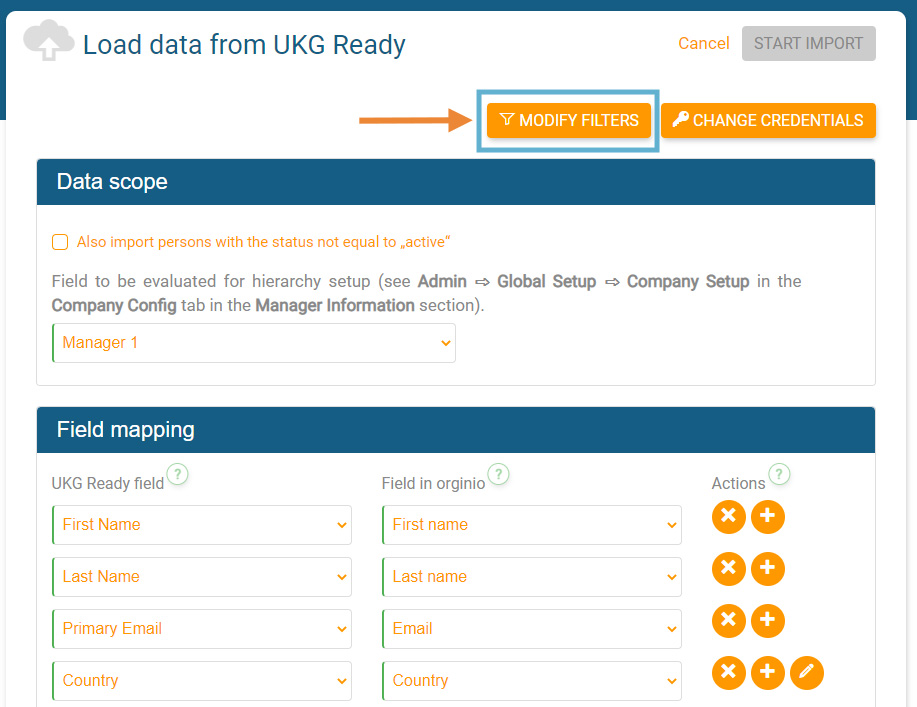 orginio - field mapping - modify filters