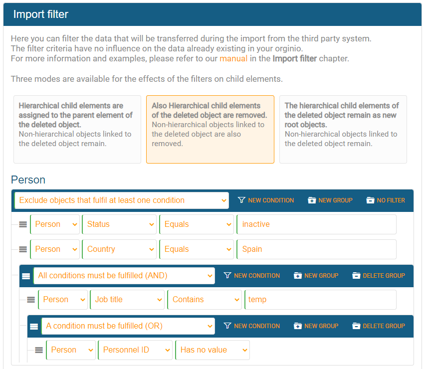 orginio - field mapping - set filters - advanced mode