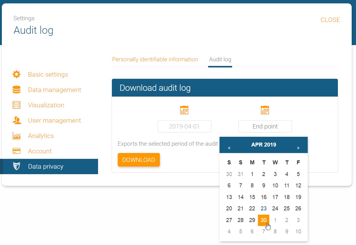 Select dates for the audit log for your online org chart in orginio