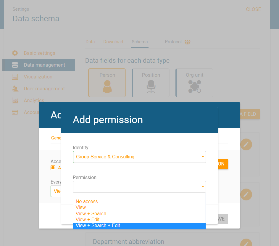 Add access permissions to certain data fields in orginio